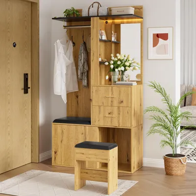 Imagen del producto de MODFU, armario completo con banco, zapatero, tocador con luz LED y espejo, y armario multifuncional para recibidor con cajones. Diseño natural