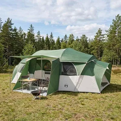 Imagen del producto de Tienda familiar con toldo impermeable, color verde, para 10 personas, fabricada en poliéster con estructura de fibra de vidrio, dimensiones 580x307x208 cm. Ligera y resistente al viento, ideal para camping, actividades al aire libre, senderismo y festivales