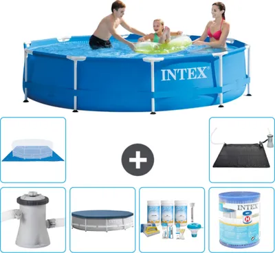 Produktbild von Intex Rundrahmen-Schwimmbecken – 305 x 76 cm – Blau – inklusive Pumpe Abdeckung - Wartungspaket - Filter - Bodenplane - Solarmatte