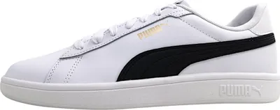 A side view of a white Puma sneaker with a black stripe and gold Puma logo.