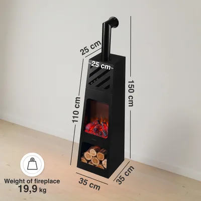 Zdjęcie produktu dla KAMINIO Elektryczny kominek ogrodowy KAI XL z rurą kominową – elektryczny ogrzewacz tarasowy z funkcją ogrzewania, efektem płomienia 3D, schowkiem na drewno, nastrojowym oświetleniem LED i pilotem