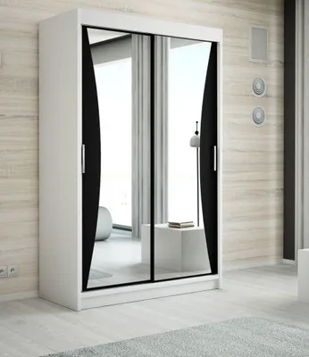 A modern sliding door wardrobe with mirrored doors in a room setting.