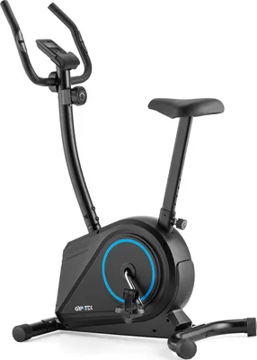 A black stationary exercise bike is shown against a white background.
