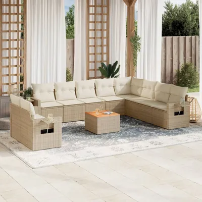 Produktbild von Design 11-tlg. Garten-Sofagarnitur mit Kissen Beige Poly Rattan, Gartenmöbel-Sets 2024 Neu