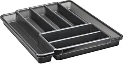 A dark gray cutlery organizer with seven compartments.