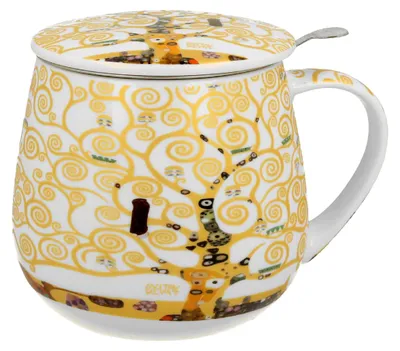 Image de Duo | Tasse à thé avec passoire - "Arbre de vie" - Ecru - Design artistique - Porcelaine de haute qualité