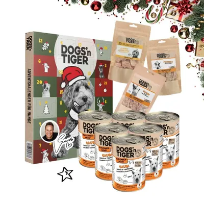 Produktbild von Dogs’n Tiger Guido Maria Kretschmer Adventskalender Hunde Box | Schlemmermenü | Huhn & Truthahn | Premium Mahlzeiten & Snacks | Adventskalender Hund
