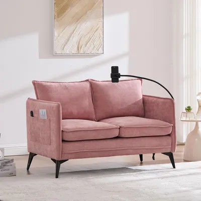 Produktbild von Abrihome 2-Sitzer Stoffsofa mit Stauraum, Seitentasche und verstellbarem Handyhalter – Rosa