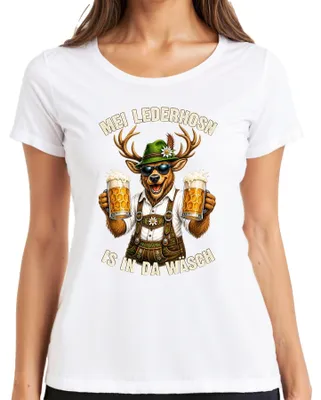 Obrázok produktu pre Mei Lederhosn – Dámske tričko s motívom Oktoberfestu, štýl "Lederhose" a "Dirndl", biela farba, veľkosť S