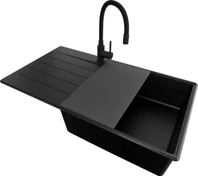 Produktbild von PRIMAGRAN Granitspüle Alles Schwarz 90x50cm, Spülbecken 1 Becken + Ablauf-Set + Küchenzubehörset, Küchenspüle ab 60er Unterschrank - Kopenhagen