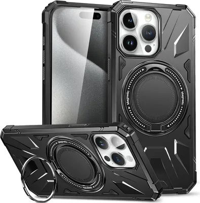 Immagine prodotto di Custodia a doppio strato compatibile con MagSafe per iPhone 13 Pro Max, robusta custodia di protezione con supporto ad anello magnetico nero