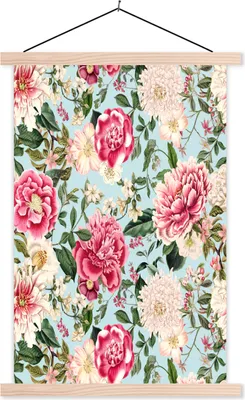 Produktbild von MuchoWow® Textilposter Blumen - Rosa - Muster 120x180 cm mit holzfarbenen Rahmen - Textil-Plakat