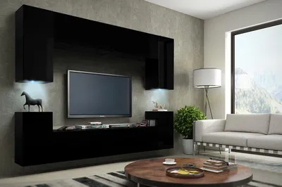 Produktbild von Furnitech Wohnwand Wohnzimmer - Wohnzimmer Möbel mit LED Blau - Hängend Wohnwand Modern - Regale und TV Schrank (Future C1/M/B/2 -1A MATT)