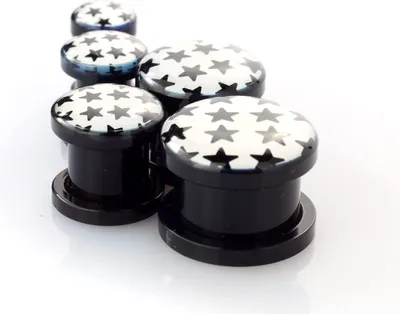 Produktbild von Ohr Flesh Acryl Tunnel Piercing Schwarz Screw On Logo Sterne PDPL.WH/BK.6mm