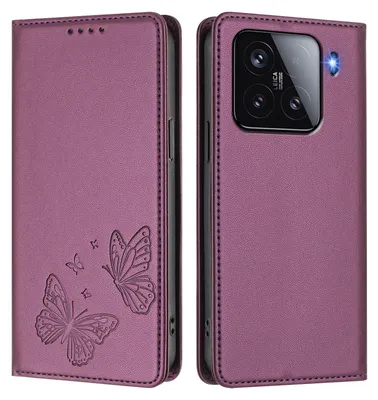 Produktbild von Lederhülle für Xiaomi 15, Schmetterling Prägung Leder Brieftasche Schutzhülle mit Ständer Lila