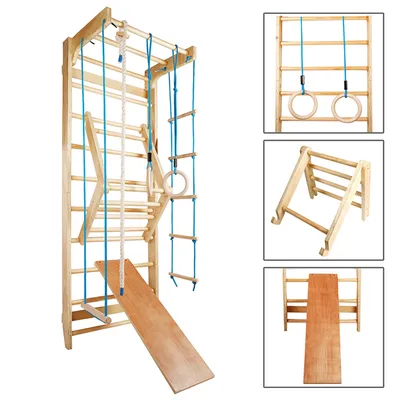 Produktbild von Sprossenwand Kletterwand Turnwand Klettergerüst Turngeräte Holz Kinder indoor, Color:Sprossenwand mit Blauen Seilen