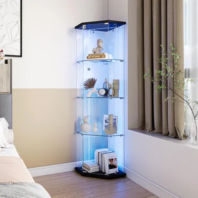 Immagine prodotto di Vetrina espositiva in vetro con illuminazione a LED e serratura, 4 ripiani, colore nero