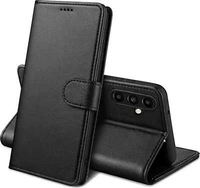 A black leather flip case for a smartphone is shown against a white background. The case is partially open, revealing the phone's camera array.