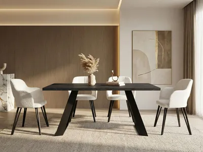 Produktbild von Esstisch Colter Schwarz im Modernen Still, Rechteckig Tisch in Schwarzer Marmoroptik - Ausziehbar von 160 cm bis 260 cm, Pulverbeschichtete Weiße Metallbeine - 160 x 80 cm - Marmor Schwarz