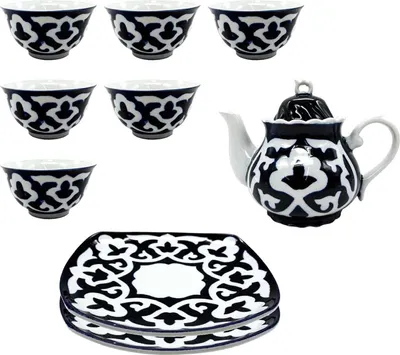 Produktbild von Set Pahta Gül Teekanne 0,9L + 6 Pialas Ø11cm Schalen + 2 Brotteller 20,5х20,5cm Weiß-Blau Porzellan