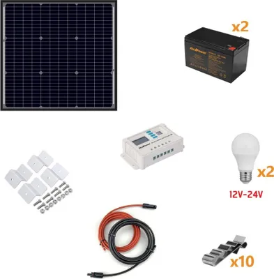 Obrázok produktu pre Alcapower - Fotovoltaická ostrovná súprava 110 W - Súprava so solárnym panelom, regulátorom nabíjania, projektorom a inštalačným príslušenstvom