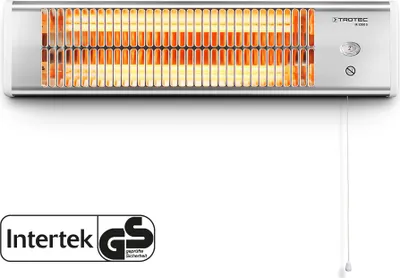A wall-mounted infrared heater with glowing heating elements, shown against a white background.