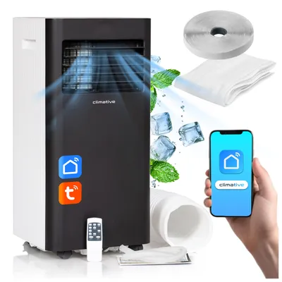 A portable air conditioner is shown with various accessories and a smartphone displaying a smart home app.