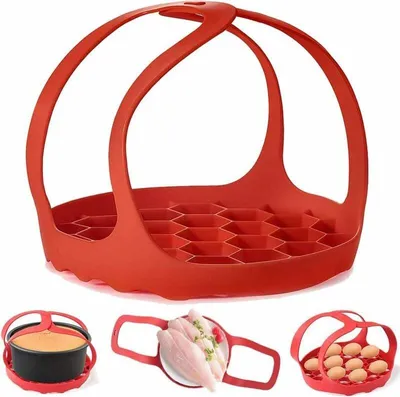 Obrázek produktu pro Tlakový hrnec s otočným zámkem, silikonová forma na pečení s otočným zámkem pro 6/8 kvart Instant Pot/Ninja Foodi/multifunkční hrnec, nástavec na vaření v páře s ochranou proti opaření, silikonová vložka na vaření vajec bez BPA (červená) -F