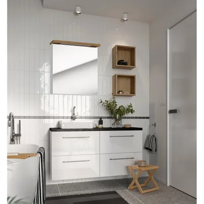 Produktbild von Badezimmer Waschplatz Set in weiß Hochglanz lackiert mit Trüffel Buche Nb. und Beton Dunkel und Metallgriffen in schwarz MESSINA-107, B/H/T ca. 120/200/46 cm