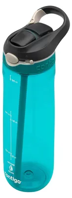 A teal Contigo water bottle with a black and gray lid and straw, shown against a white background.