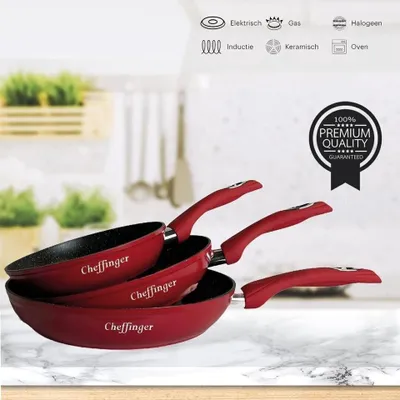 Obrázok produktu pre Cheffinger, sada 3 panvíc s mramorovým efektom a nepriľnavým povrchom, červená / čierna