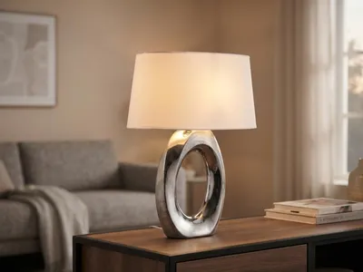 Produktbild von Große Tischleuchte mit Keramikfuß Silber, Stoffschirm Weiß & E27 LED, Höhe 52cm