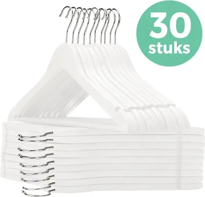 Produktbild von LifeGoods Kleiderbügel - Holzbügel - Hosenbügel - Hartholz - Drehbarer Metallhaken - Weiß - 30 Stück