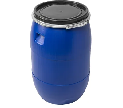 A blue plastic barrel with a black lid and a metal clamp, shown in isolation against a white background.