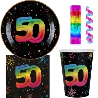 Produktbild von 50. Geburtstag Einweggeschirr bunt Partyset Party Geschirr Pappteller Pappbecher Servietten