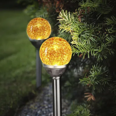 Produktbild von LED Solarkugel/Gartenspieß Bruchglas Optik - H: 26,5cm - Dämmerungssensor - gelb - 2er Set