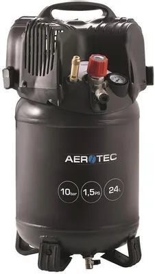 A black air compressor with a handle on top and a pressure gauge and regulator on the front.