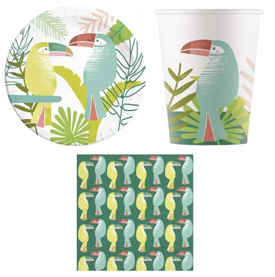 Produktbild von 36-teiliges Toucan Party-Set inkl. Pappteller, Pappbecher und Papierservietten