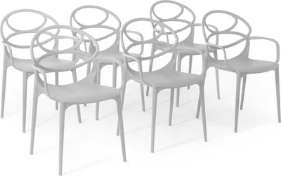 Produktbild von 6er-Set stapelbare Stühle mit Armlehnen aus glasfaserverstärktem Harz für Außenbereich, Garten, Bars und Restaurants – modernes Design – CHARLOTTE – Hellgrau