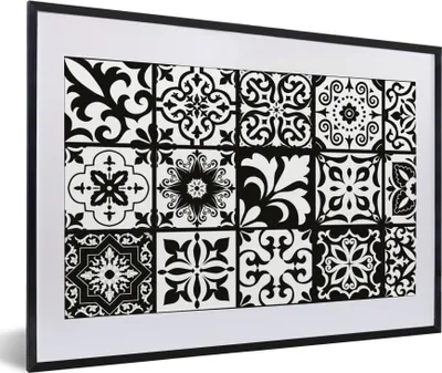 Produktbild von MuchoWow® Gerahmtes Poster Muster - Schwarz - Weiß - Blumen - Abstrakt 60x40 cm - Poster mit Schwarzem Bilderrahmen Wandposter Rahmen Foto Bilder - Schlafzimmer - Plakat in Rahmen - Drucken