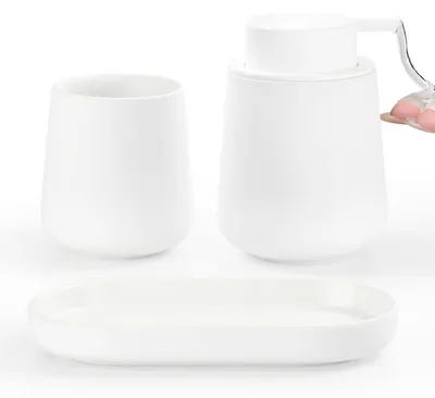 Image de Ensemble de salle de bain en 3 pièces, blanc : distributeur de savon 350 ml, gobelet à brosse à dents 320 ml, et porte-savon en céramique et plastique
