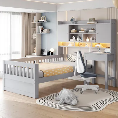 Imagen del producto de Cama infantil de 90x200 cm con escritorio, cajones, cabecero con espacio de almacenamiento que incluye estanterías y armarios, iluminación LED, toma de corriente y barandilla de tres lados, color gris