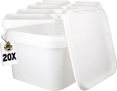 Produktbild von Eimer mit Deckel 3,5l Weiß Eckig | Kunststoff Eimer Lebensmittelecht, luftdicht und stabil | Leer Eimer mit Griff und Deckel für Lebensmittel Chemie, 20 Stück