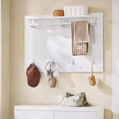 Produktbild von SoBuy FHK36-W Wandgarderobe Garderobenleiste mit Regal & Haken - platzsparendes Garderobenpaneel für Flur & Diele Weiß 100x70x20cm max. 30kg belastbar