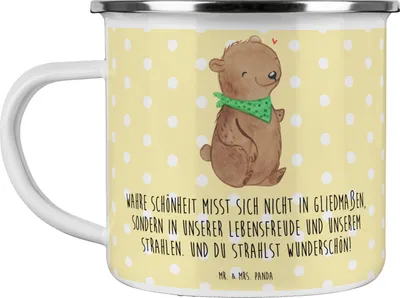 Produktbild von Mr. & Mrs. Panda Haferl Bär Dysmelie - Gelb Pastell - Geschenk, Pott, becher emaille, Blechtasse, Teetasse, Tasse, Campingtasse