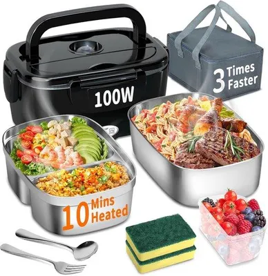 Image de Boîte à repas chauffante électrique portable 3-en-1, 100 W, en acier inoxydable, 12 V/24 V/220 V, boîte isotherme pour voiture, camion ou bureau, avec sac isotherme et coussins chauffants inclus (bleu, 1,5 L)