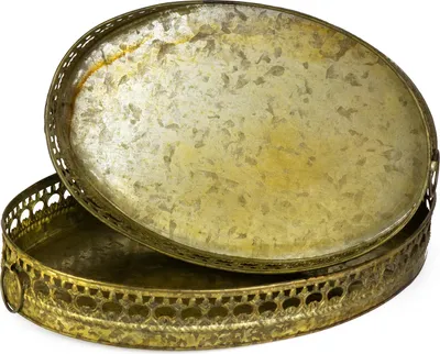 Zdjęcie produktu dla zestaw 2 owalnych tac dekoracyjnych z metalu w kolorze antycznego złota Ø 35/32 cm dekoracyjna taca w stylu vintage z uchwytami do kuchni, jadalni, salonu w stylu shabby chic