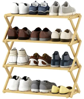Image de Support à chaussures, 4 niveaux, étagère à chaussures en bambou pliable, en bois naturel | Capacité jusqu'à 40 kg | Pour 12 paires de chaussures | Dimensions : 60 x 29 x 67 cm