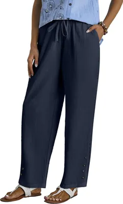 Produktbild von ASKSA Damen Leinenhose Casual Leicht Leinen Hose Gerades Bein Palazzo Freizeithose Einfarbig Hohle Sommerhose (Dunkelblau,S)