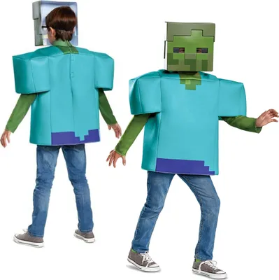 Two children wearing Minecraft zombie costumes, shown from front and back.